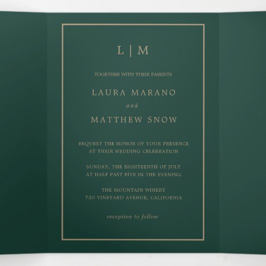Elegante Moderne Smaragd Monogram Eenvoudige Bruil Drieluik Uitnodiging (Binnenkant midden)