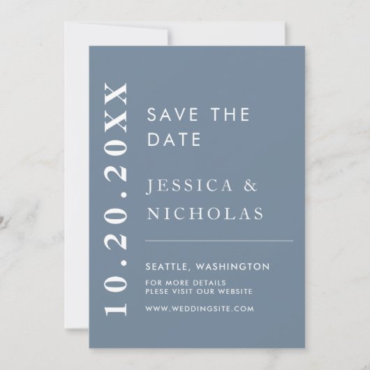 Elegante moderne stoffige blauwe eenvoudige trouwf save the date (Voorkant)