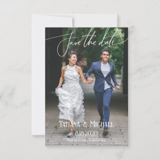 Elegante moderne trouwdag foto script budget save the date (Voorkant)