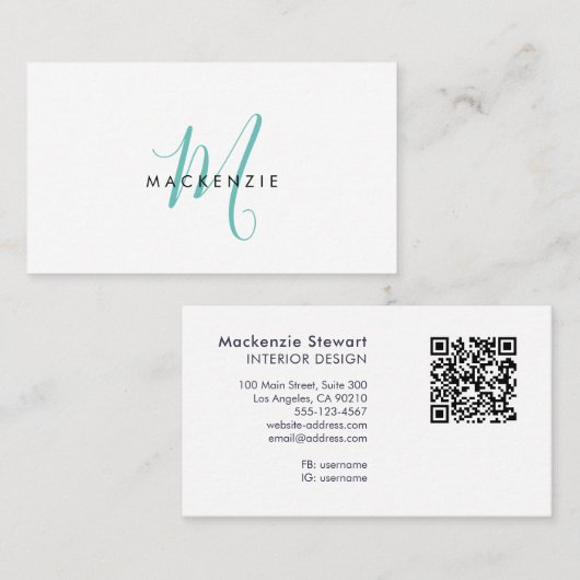 Elegante moderne turquoise script monogram QR-code Visitekaartje (Voorkant / Achterkant)