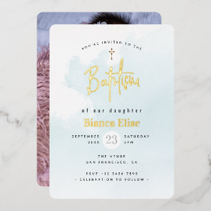 Elegante moderne watercolor baby foto doop folie uitnodiging