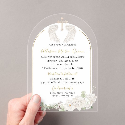 Elegante moderne Waterverf beige engelendoop Invi Acryl Uitnodigingen (Insitu (Draagbaar))