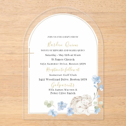 Elegante moderne waterverf blauwe engel doop acryl uitnodigingen (Voorkant)