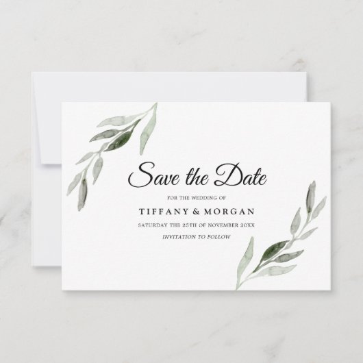 Elegante moderne waterverf groene blad bruiloft save the date (Voorkant)