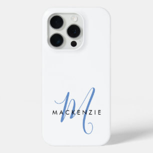 Elegante Moderne Witte Blauwe Script Monogram iPhone 15 Pro Case
