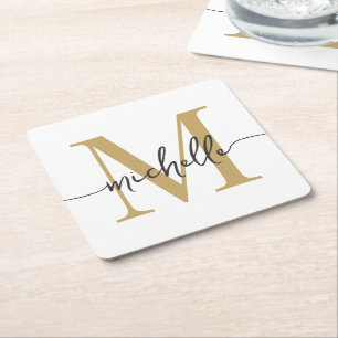 Elegante Moderne Witte Gouden Initiaal Naam Script Vierkante Kartonnen Onderzetter