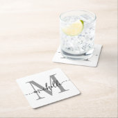 Elegante Moderne Witte Grijze Monogram Name Script Vierkante Kartonnen Onderzetter (Insitu)