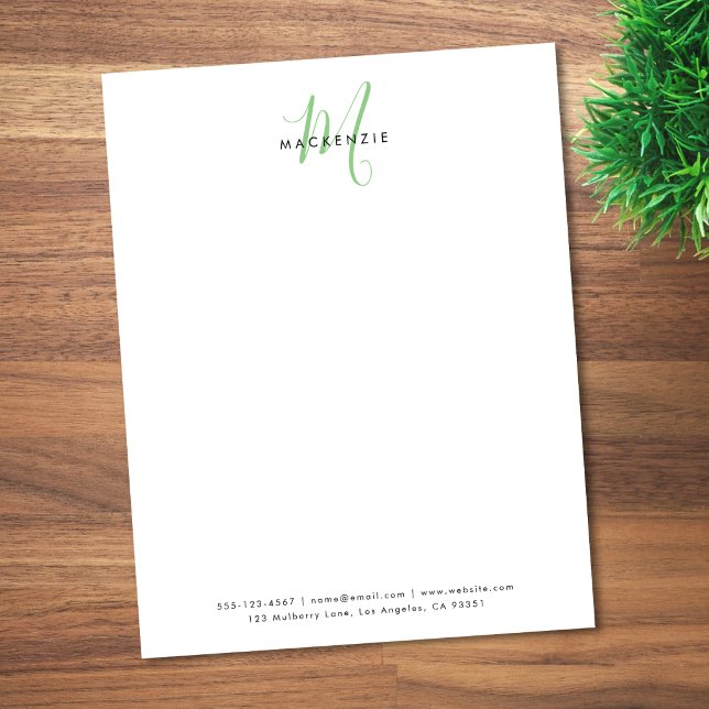 Elegante Moderne Witte Groene Script Monogram Briefhoofd (Creator heeft geüpload)
