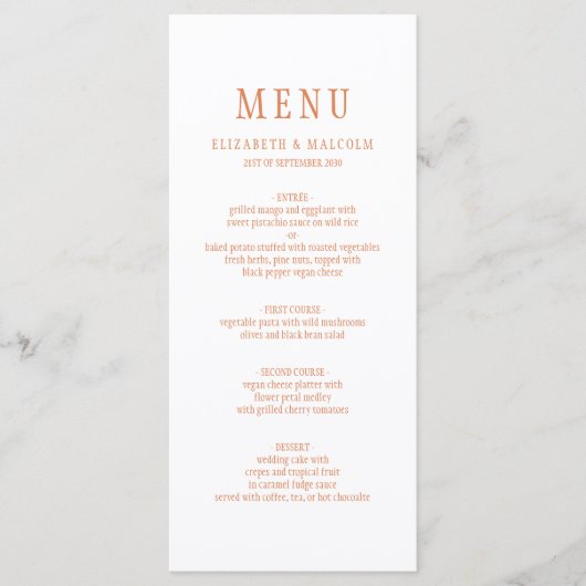 Elegante moderne witte koperen Sinaasappels bruilo Menu (Voorkant)