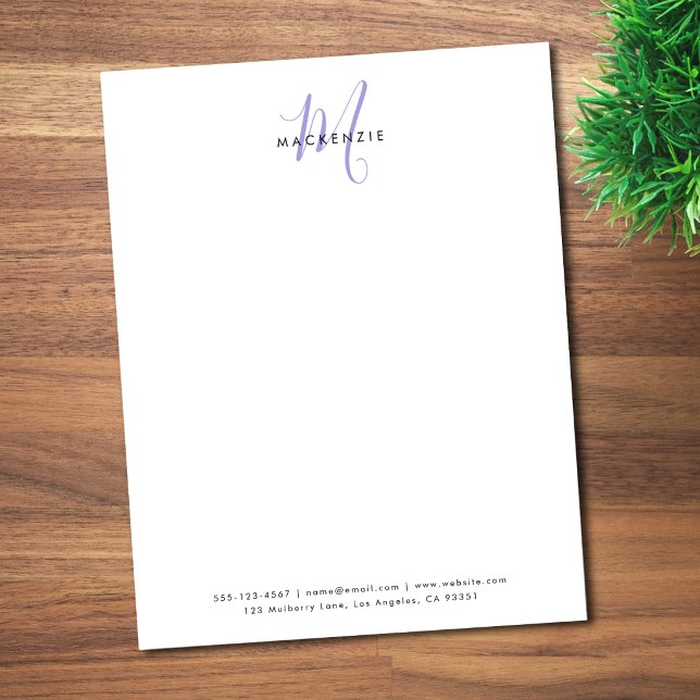 Elegante Moderne Witte Lavendel Script Monogram Briefhoofd (Creator heeft geüpload)