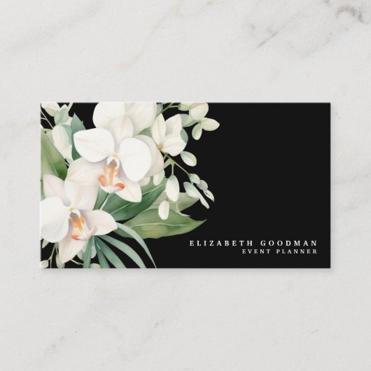 Elegante moderne witte orchideeën zwarte Visitekaa Visitekaartje (Voorkant)
