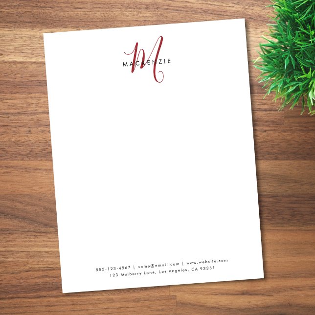 Elegante Moderne Witte Rode Script Monogram Briefhoofd (Creator heeft geüpload)