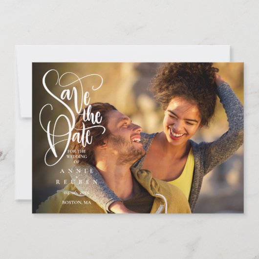 Elegante moderne witte script foto save the date  (Voorkant)