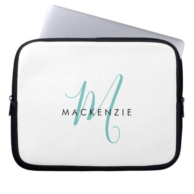 Elegante Moderne Witte Teal Script Monogram Laptop Sleeve (Voorkant)