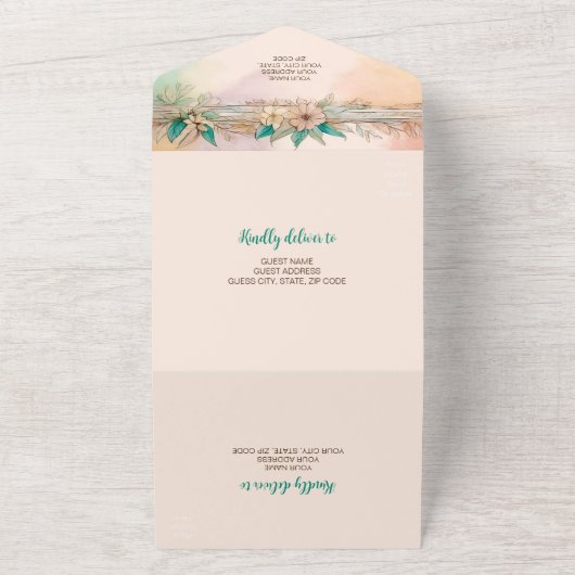 Elegante moderne zacht bloemige waterverf bruiloft all in one uitnodiging (Buitenkant)