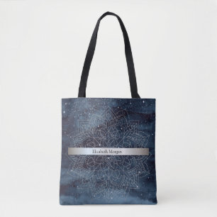 Elegante moderne zilveren mandala streep marinebla draagtas