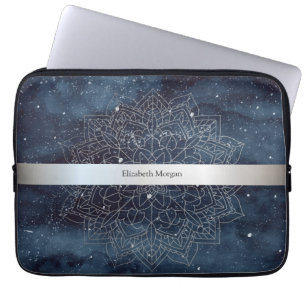 Elegante moderne zilveren mandala streep marinebla laptop sleeve