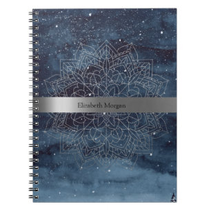 Elegante moderne zilveren mandala streep marinebla notitieboek