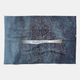 Elegante moderne zilveren mandala streep marinebla theedoek