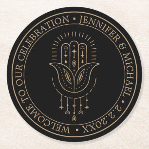 Elegante moderne zwart gouden mystieke bruiloft ronde kartonnen onderzetter