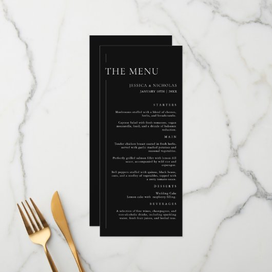 Elegante moderne zwart-wit minimale bruiloft menu (Voorkant / Achterkant in situ)