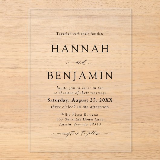 Elegante moderne zwart-wit minimalistische bruilof acryl uitnodigingen (Voorkant)