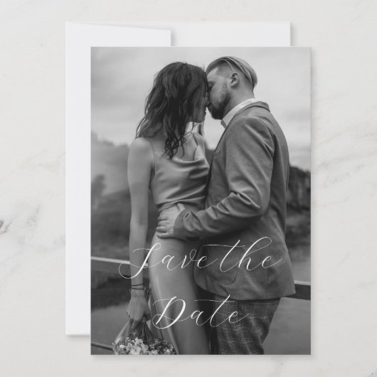 Elegante moderne zwart wit script foto bruiloft save the date (Voorkant)