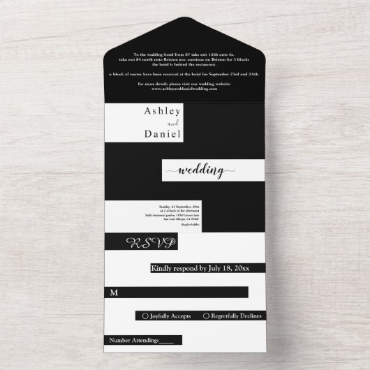 Elegante moderne zwart-wit trendy bruiloft all in one uitnodiging (Binnen)