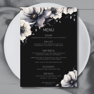 Elegante Moderne Zwarte Anemoon Bloem Bruiloft Menu
