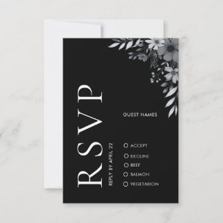 Elegante moderne zwarte bloemen RSVP-huwelijkskaar Notitiekaartje
