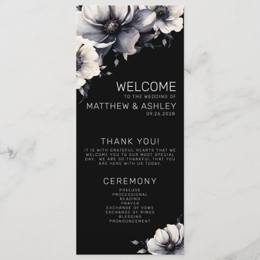 Elegante moderne zwarte bloemenbruiloft programma (Voorkant)