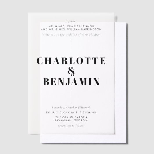 Elegante moderne zwarte bruiloft vellum uitnodigingen (Offset)