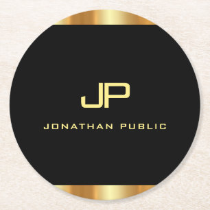 Elegante moderne zwarte en gouden monogram sjabloo ronde kartonnen onderzetter