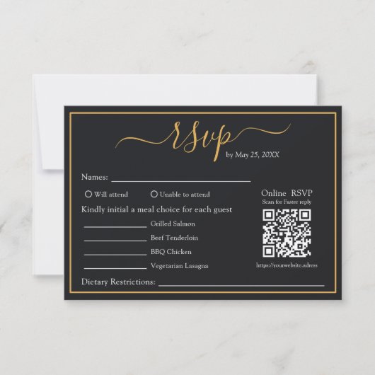 Elegante moderne zwarte en gouden rand QR-code RSV RSVP Kaartje (Voorkant)