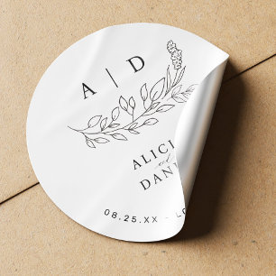 Elegante moderne zwarte en witte monogram huwelijk ronde sticker