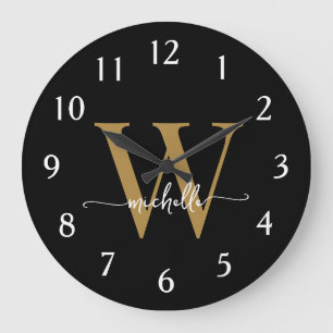 Elegante Moderne Zwarte Gouden Monogram Naam Schri Grote Klok