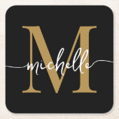 Elegante moderne zwarte gouden monogram naam schri vierkante kartonnen onderzetter (Voorkant)