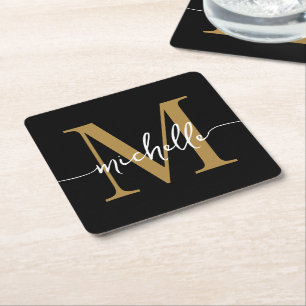Elegante Moderne Zwarte Gouden Monogram Naam Scrip Vierkante Kartonnen Onderzetter