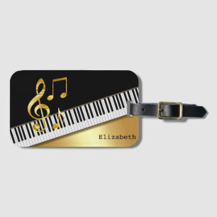 Elegante Moderne Zwarte Gouden Muzieknoten, Pianot Bagagelabel