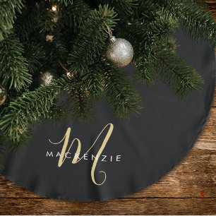 Elegante Moderne Zwarte Gouden Script Monogram Kerstboom Rok