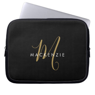Elegante Moderne Zwarte Gouden Script Monogram Laptop Sleeve