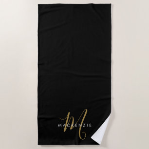 Elegante Moderne Zwarte Gouden Script Monogram Strandlaken