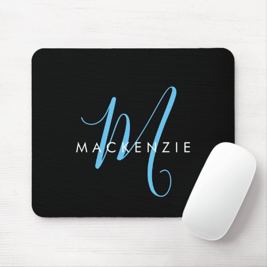 Elegante Moderne Zwarte Hemelblauwe Script Monogra Muismat (Met muis)