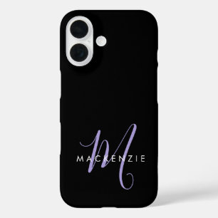 Elegante Moderne Zwarte Lavendel Script Monogram iPhone 16 Hoesje