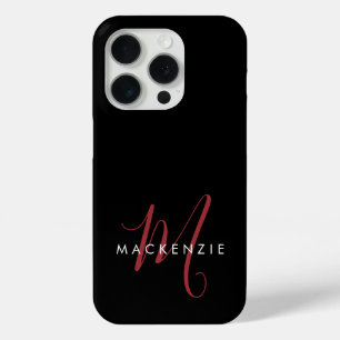 Elegante Moderne Zwarte Rode Script Monogram iPhone 15 Pro Case