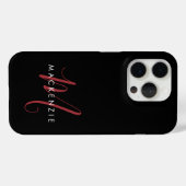 Elegante Moderne Zwarte Rode Script Monogram Case-Mate iPhone Case (Achterkant (horizontaal))