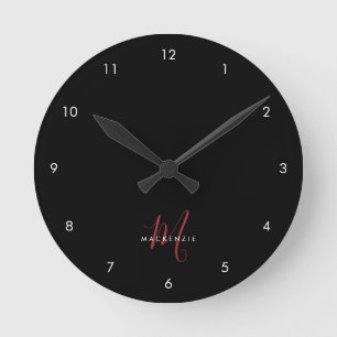 Elegante Moderne Zwarte Rode Script Monogram Ronde Klok