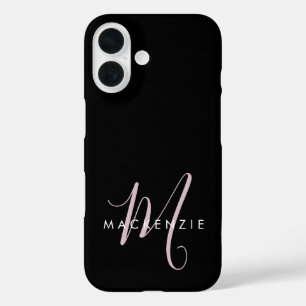 Elegante Moderne Zwarte Roze Schrift Monogram iPhone 16 Hoesje