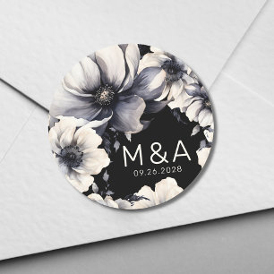 Elegante Moderne Zwarte Witte Bloemige Bruiloft Ronde Sticker