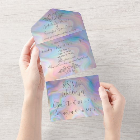Elegante moeder-van-parel kleurrijke bruiloft all in one uitnodiging (Afscheurbaar)